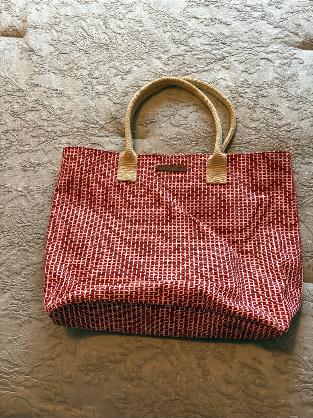 Armani Exchange Red Woven Tote with Cream Handles